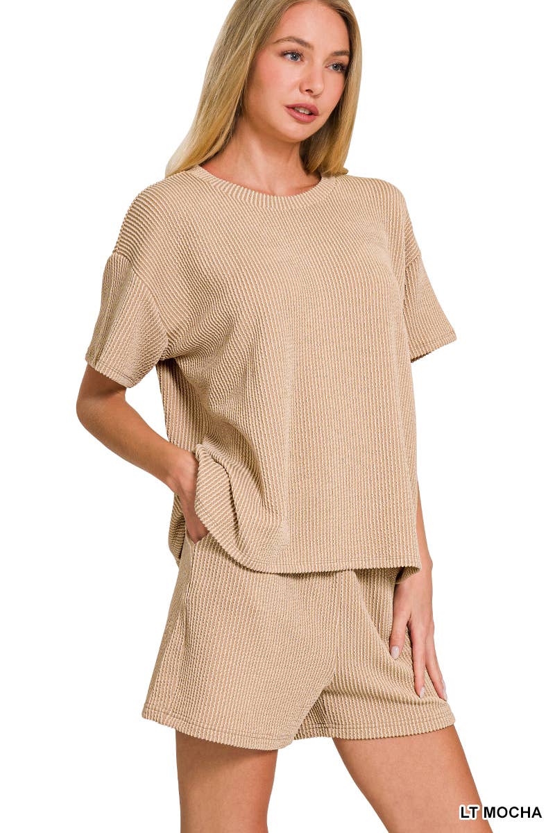 `.Corded Rib Short Sleeve Tee & Short Pants 2PC Set
