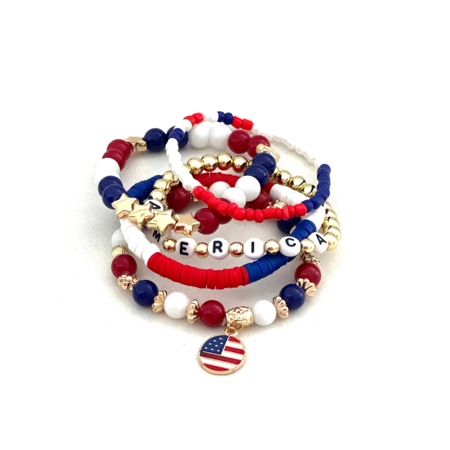 4th of July American Flag Charm Seed Beads Bracelet set of 5