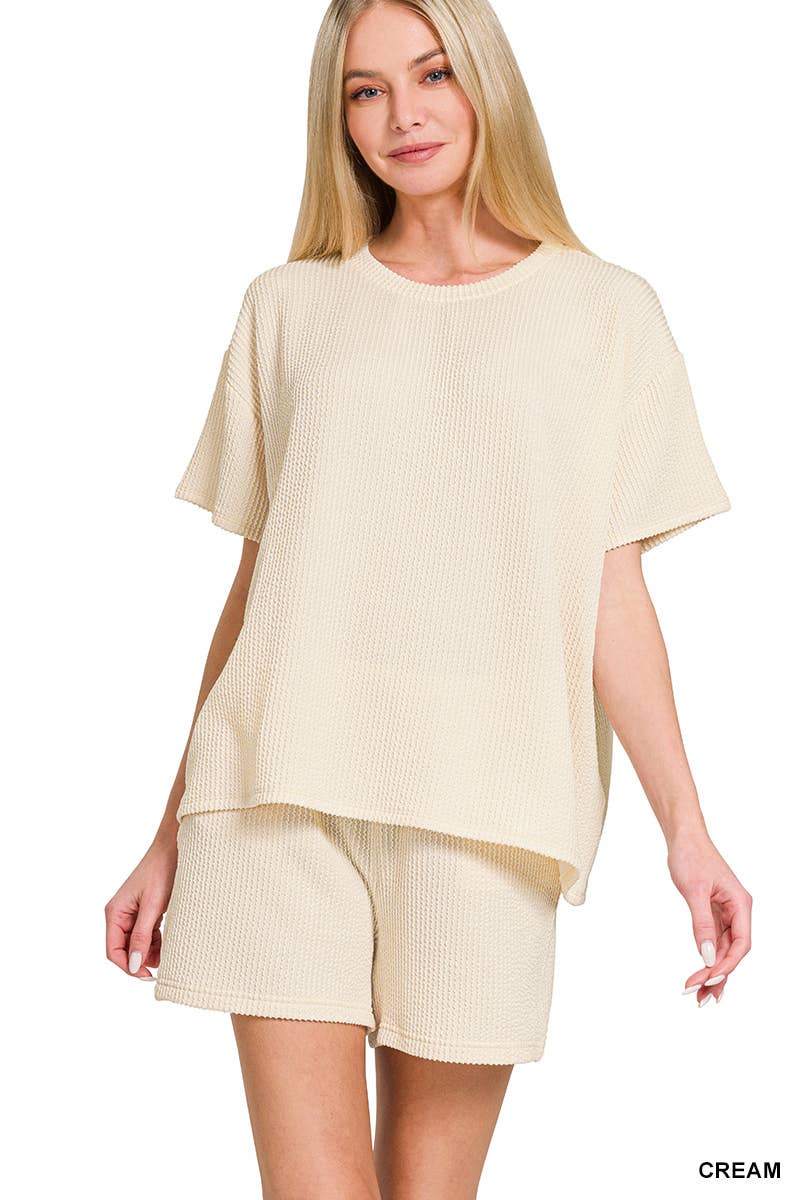 `.Corded Rib Short Sleeve Tee & Short Pants 2PC Set