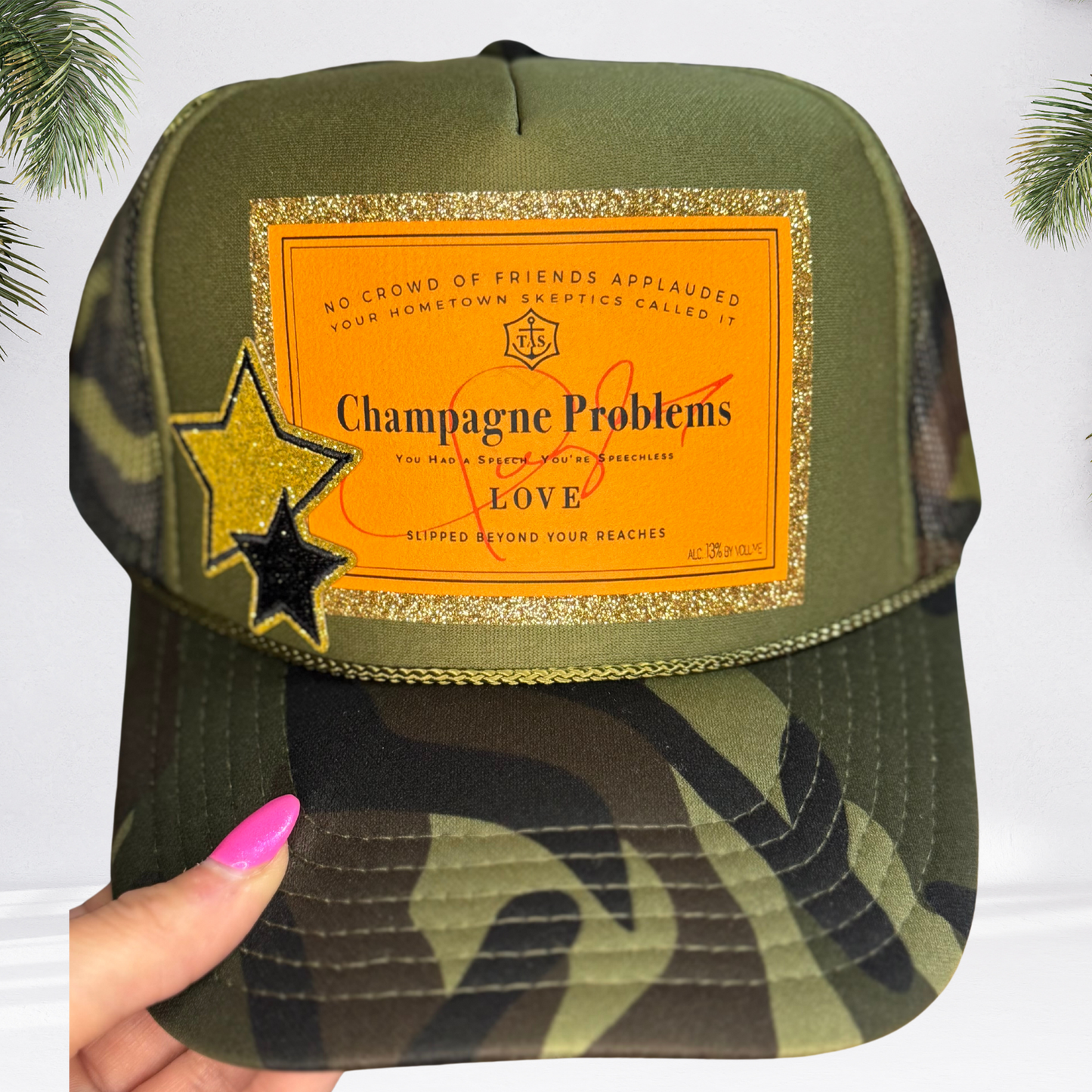 "Champagne Problems" Camo Glitter Trucker Hat