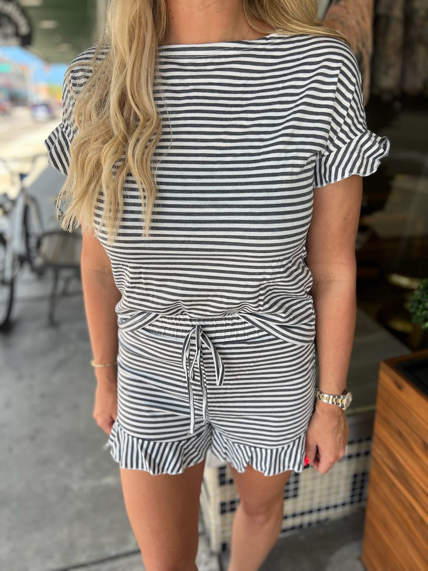 Round Neck Striped Top Short Set