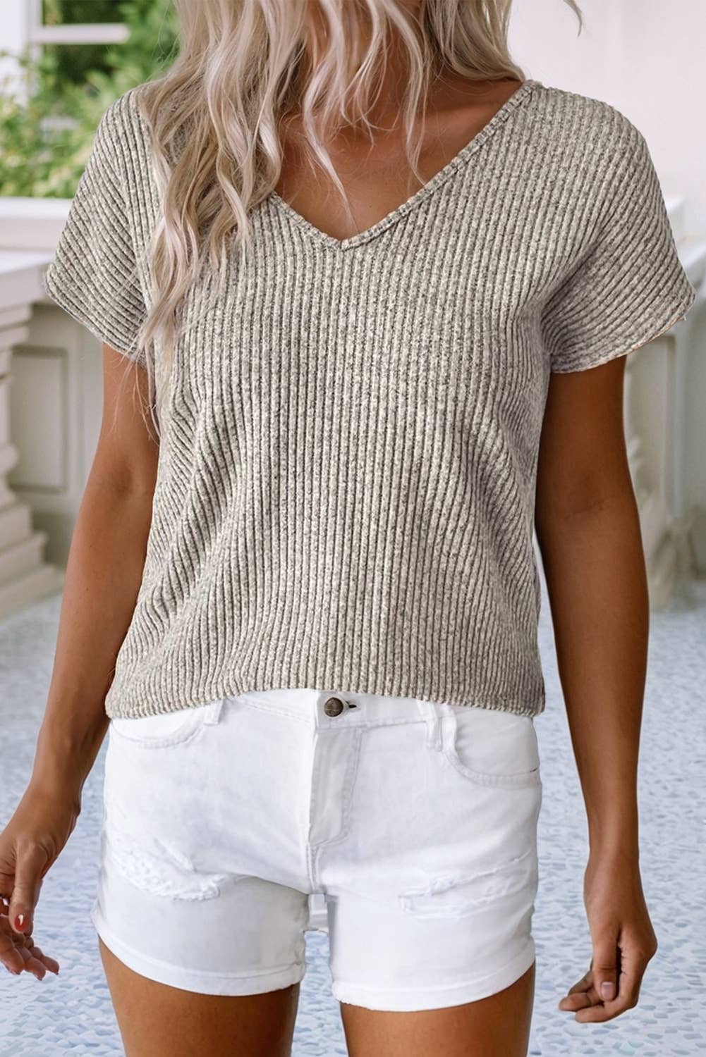 Ribbed Short Sleeve Bow Back Top