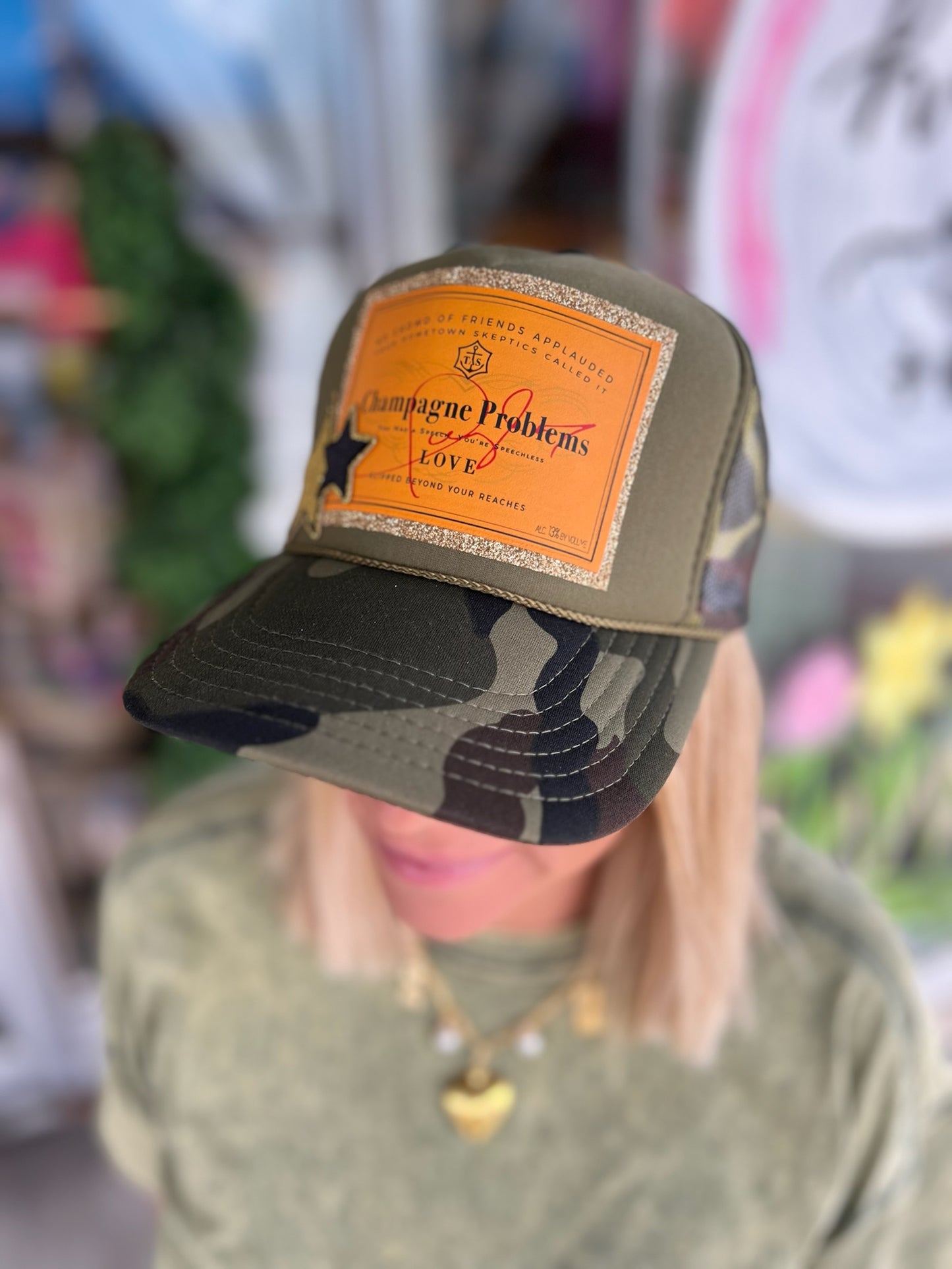 "Champagne Problems" Camo Glitter Trucker Hat