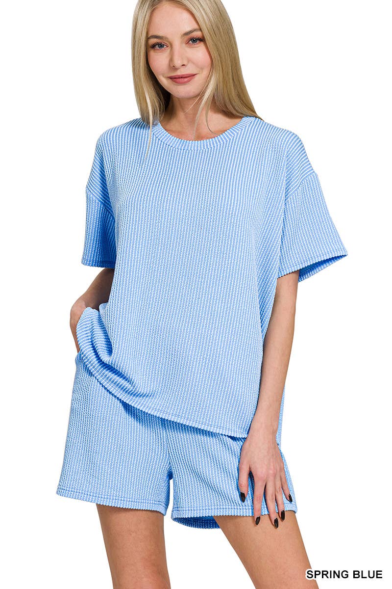 `.Corded Rib Short Sleeve Tee & Short Pants 2PC Set