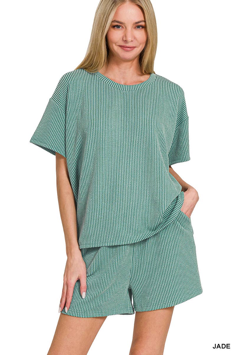 `.Corded Rib Short Sleeve Tee & Short Pants 2PC Set