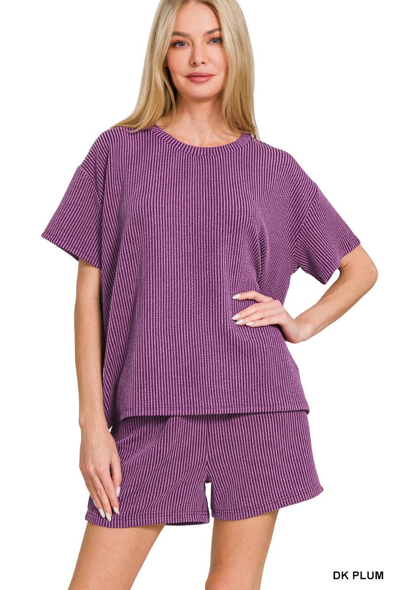 `.Corded Rib Short Sleeve Tee & Short Pants 2PC Set