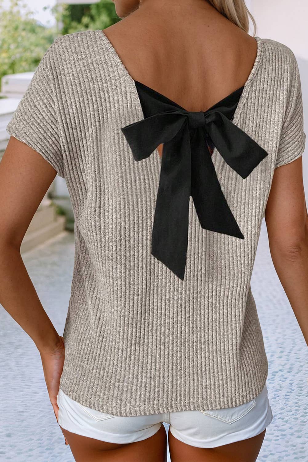 Ribbed Short Sleeve Bow Back Top