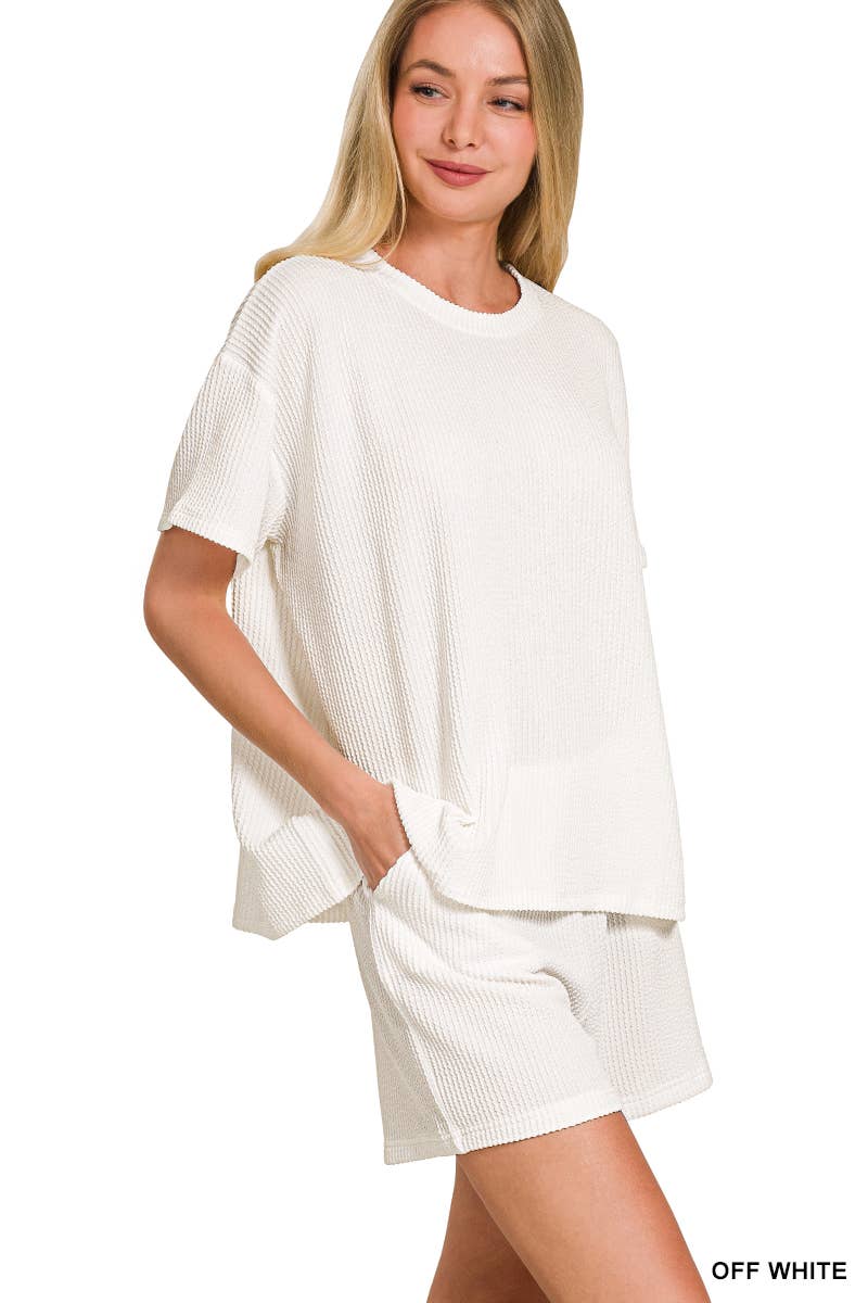 `.Corded Rib Short Sleeve Tee & Short Pants 2PC Set