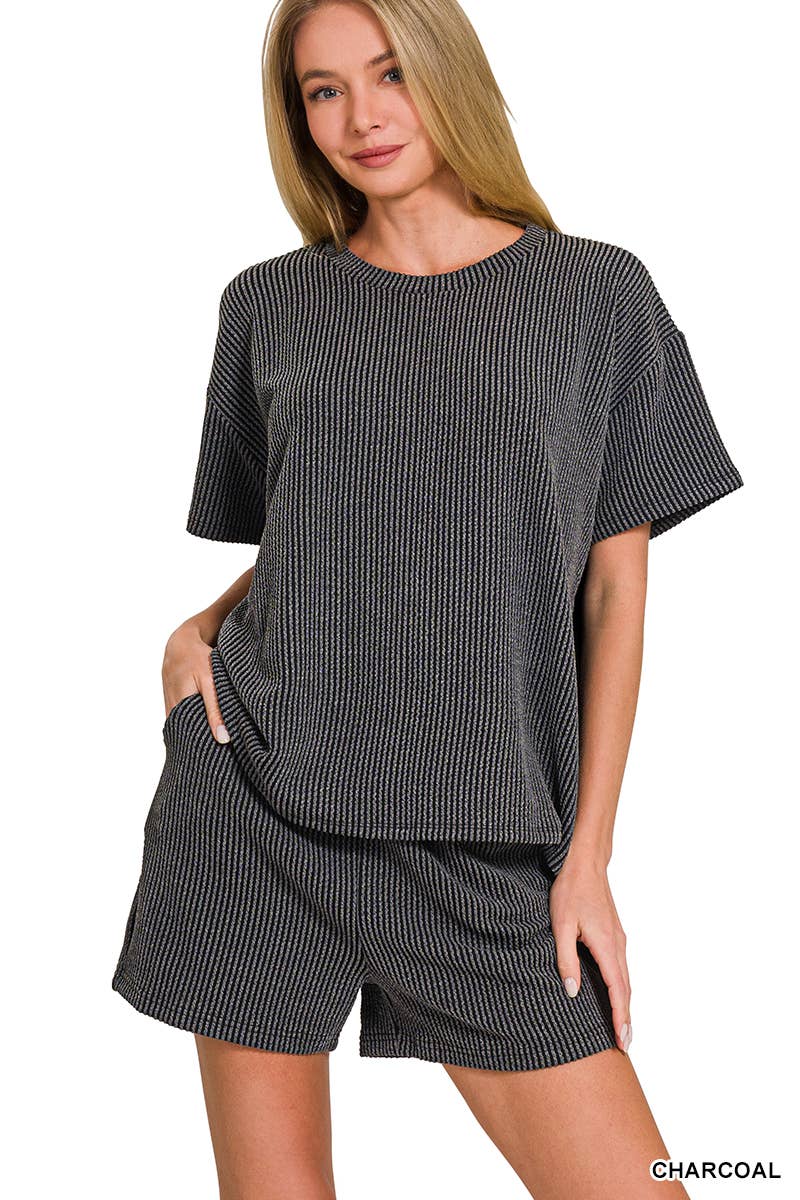 `.Corded Rib Short Sleeve Tee & Short Pants 2PC Set