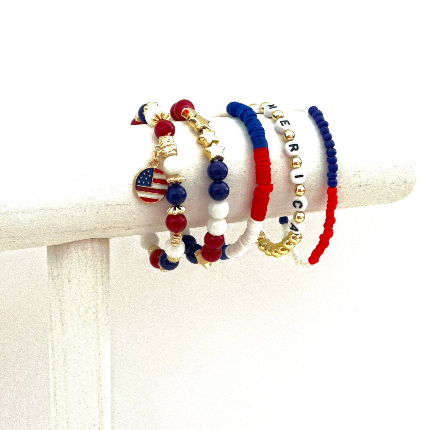 4th of July American Flag Charm Seed Beads Bracelet set of 5