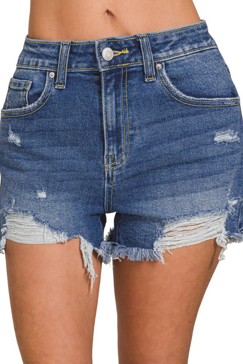,.._ Distressed Hem Dark Wash Denim Shorts