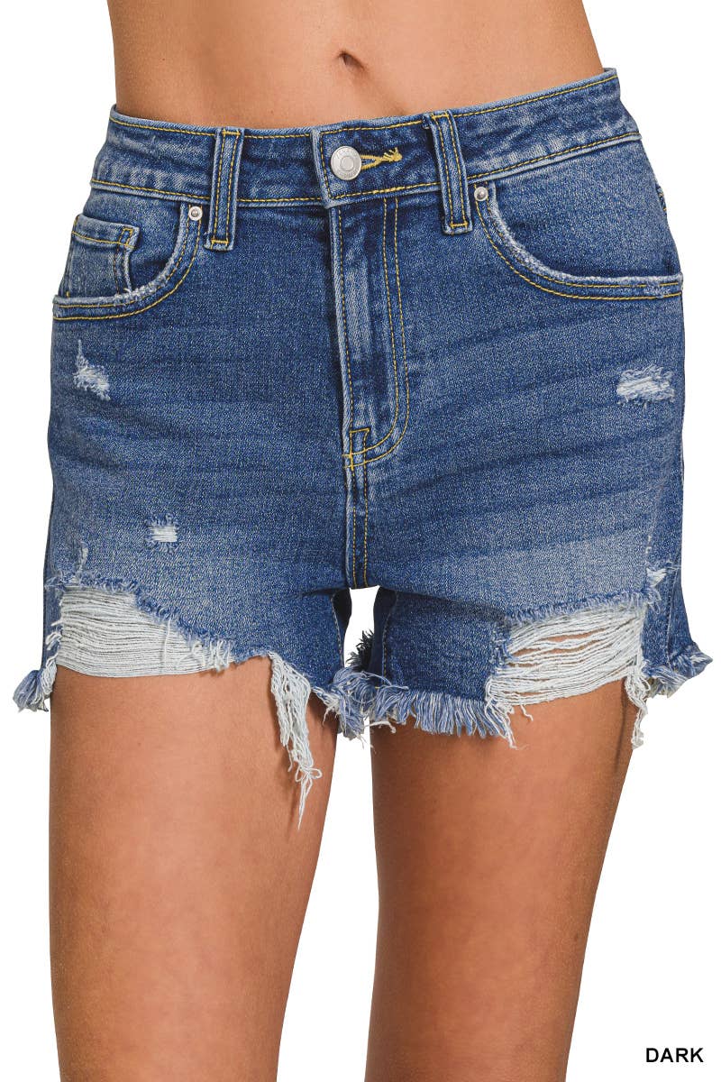 ,.._ Distressed Hem Dark Wash Denim Shorts