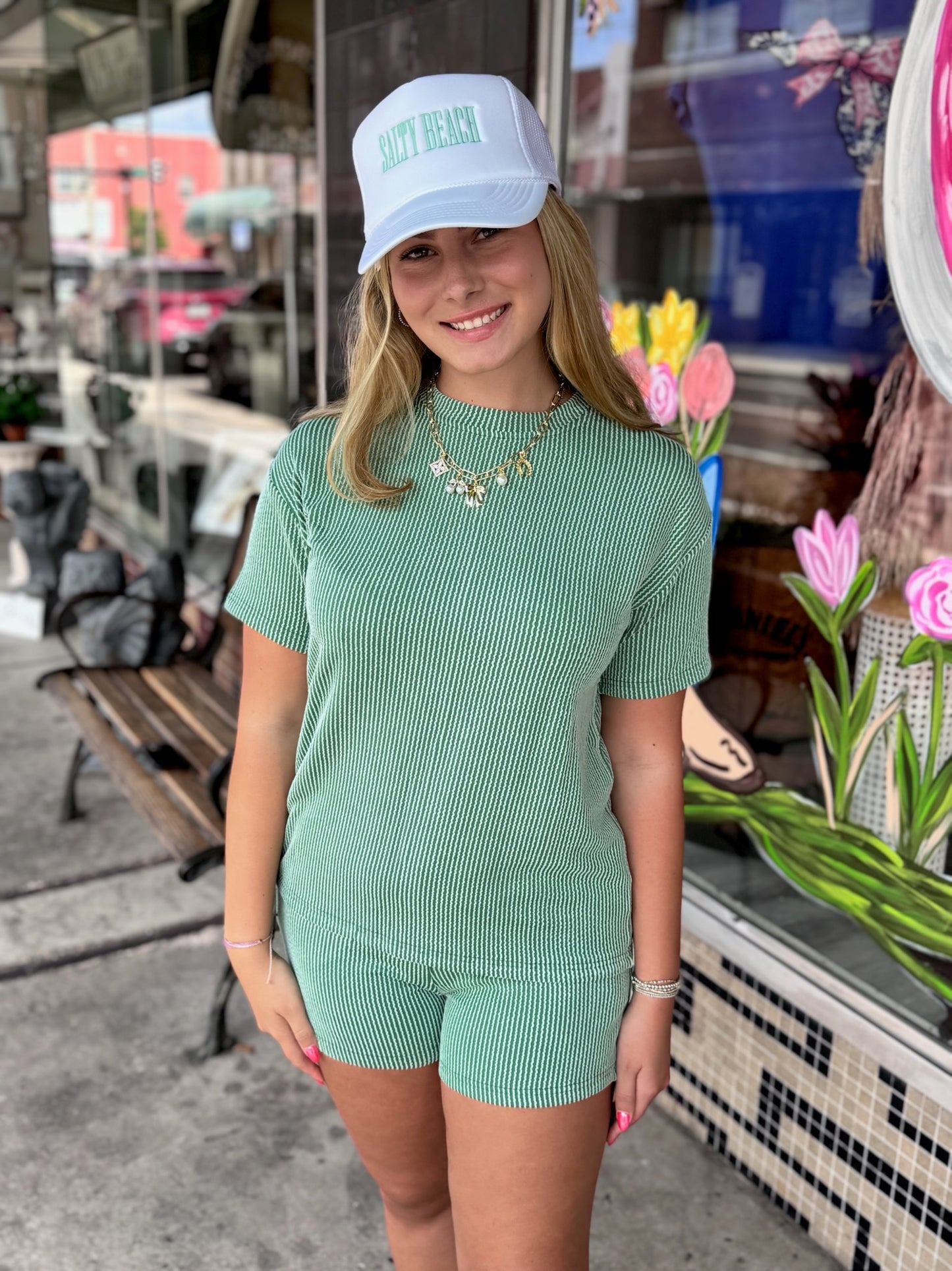 Striped Round Neck Top And Shorts Two-Piece Set