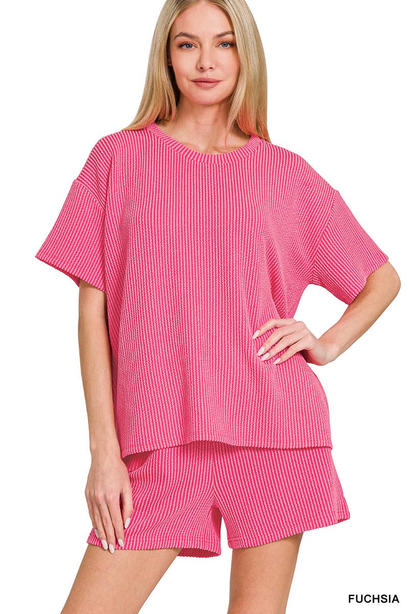 `.Corded Rib Short Sleeve Tee & Short Pants 2PC Set
