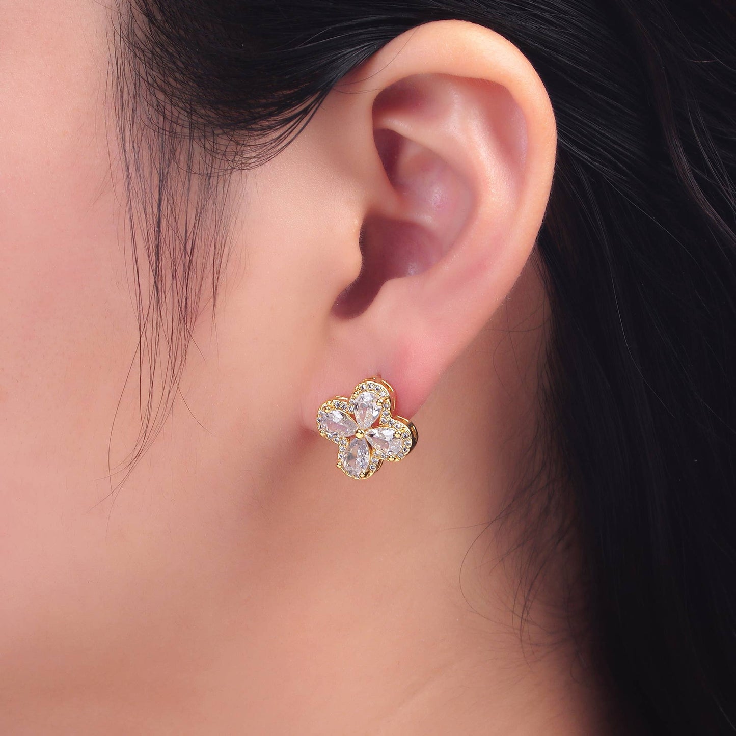 Dainty Gold Cubic Zirconia Clover Stud Earring