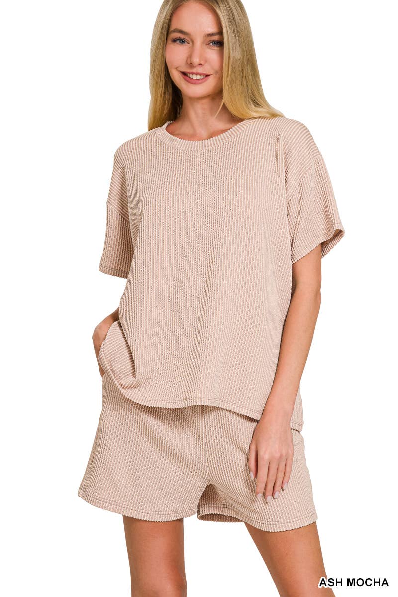 `.Corded Rib Short Sleeve Tee & Short Pants 2PC Set