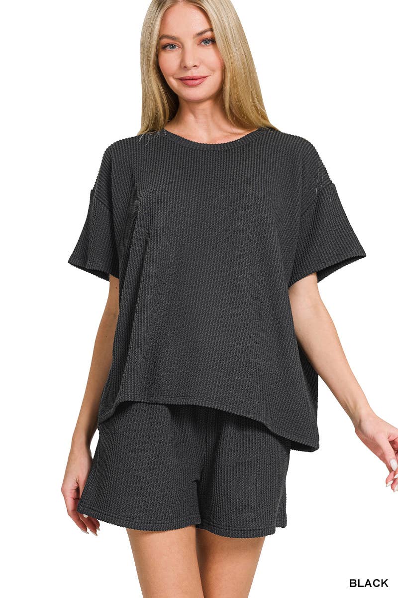 `.Corded Rib Short Sleeve Tee & Short Pants 2PC Set