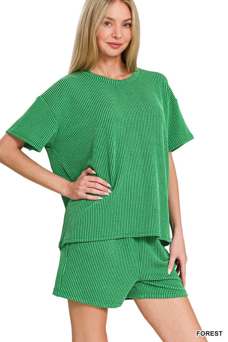 `.Corded Rib Short Sleeve Tee & Short Pants 2PC Set