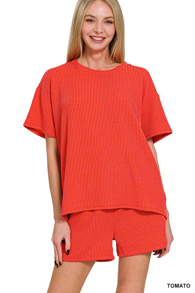 `.Corded Rib Short Sleeve Tee & Short Pants 2PC Set
