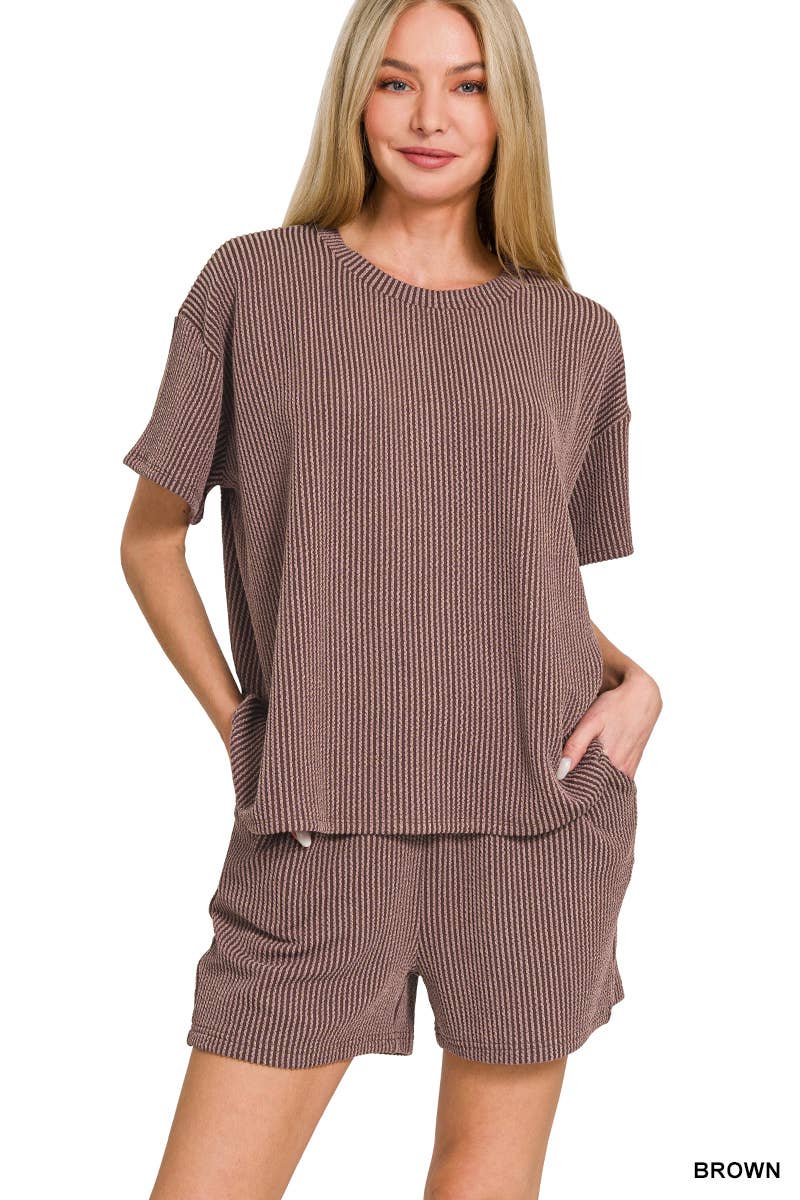`.Corded Rib Short Sleeve Tee & Short Pants 2PC Set