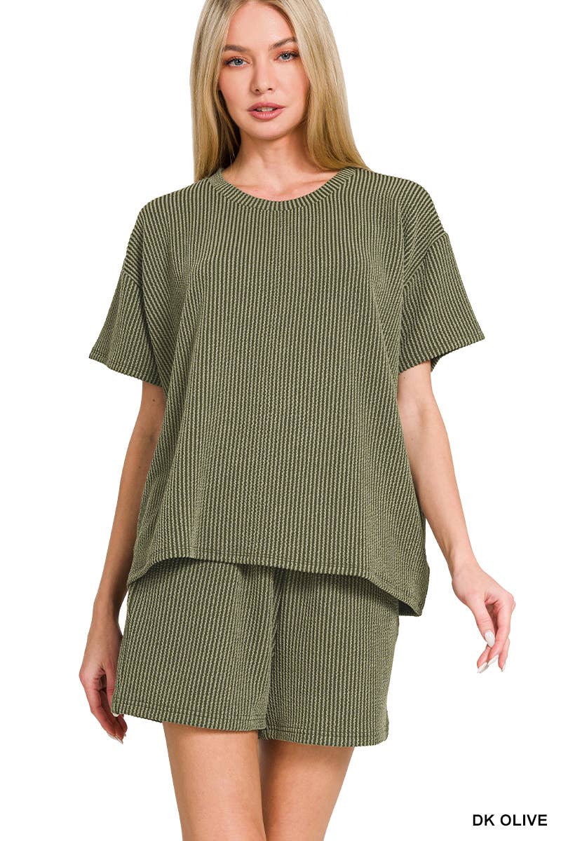 `.Corded Rib Short Sleeve Tee & Short Pants 2PC Set