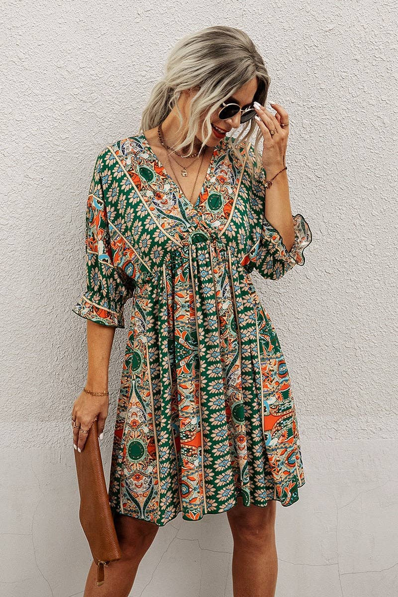 Boho Print Wrap Neck Tie Back Pleated Hem Dress