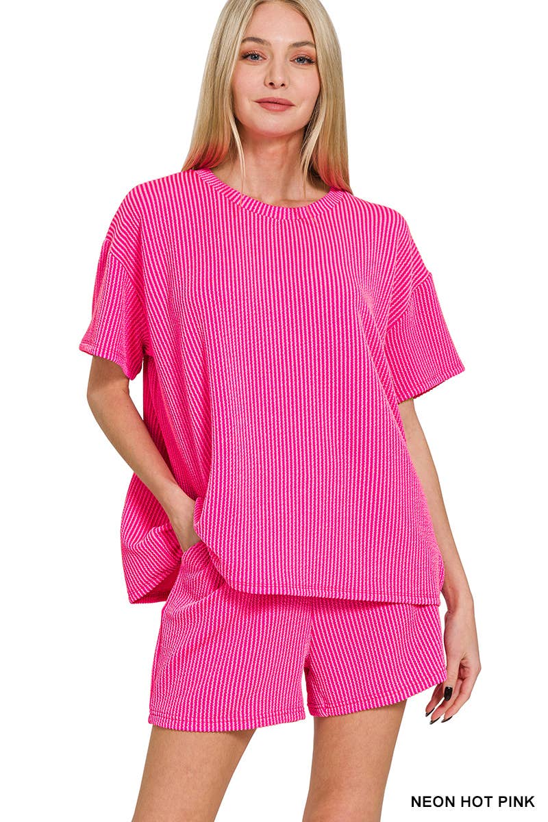 `.Corded Rib Short Sleeve Tee & Short Pants 2PC Set