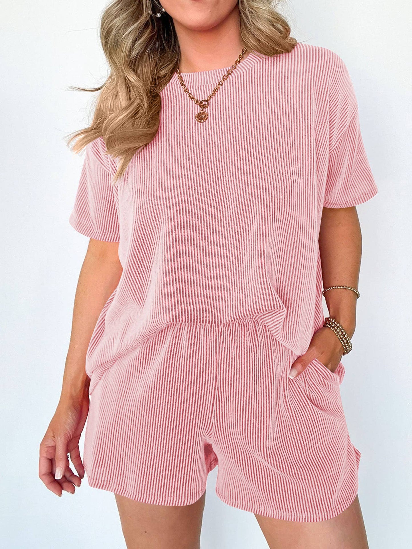 Striped Round Neck Top And Shorts Two-Piece Set
