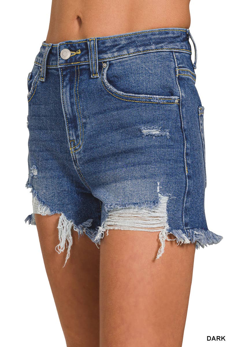 ,.._ Distressed Hem Dark Wash Denim Shorts