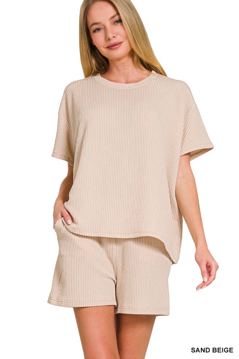`.Corded Rib Short Sleeve Tee & Short Pants 2PC Set