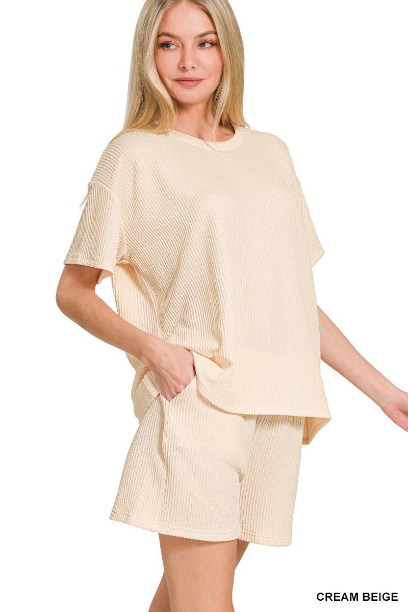 `.Corded Rib Short Sleeve Tee & Short Pants 2PC Set