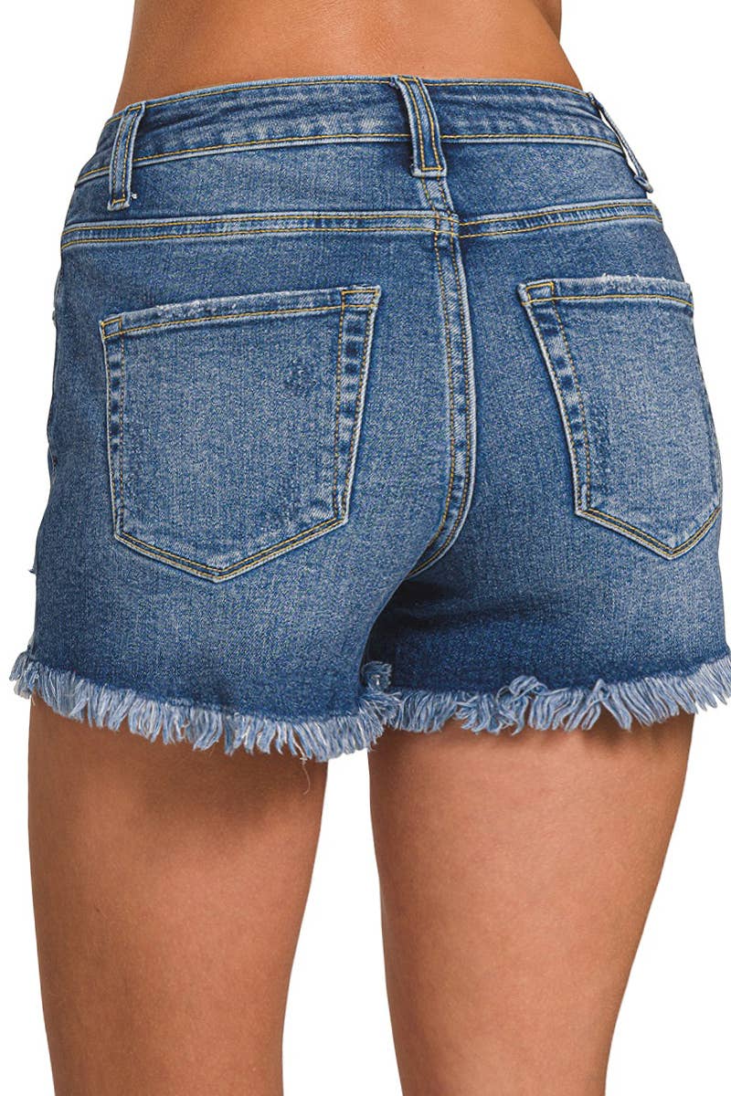 ,.._ Distressed Hem Dark Wash Denim Shorts