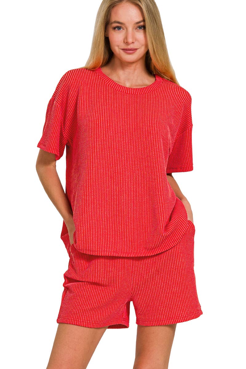 `.SI-26647 Corded Rib Short Sleeve Tee & Short Pants 2PC Set