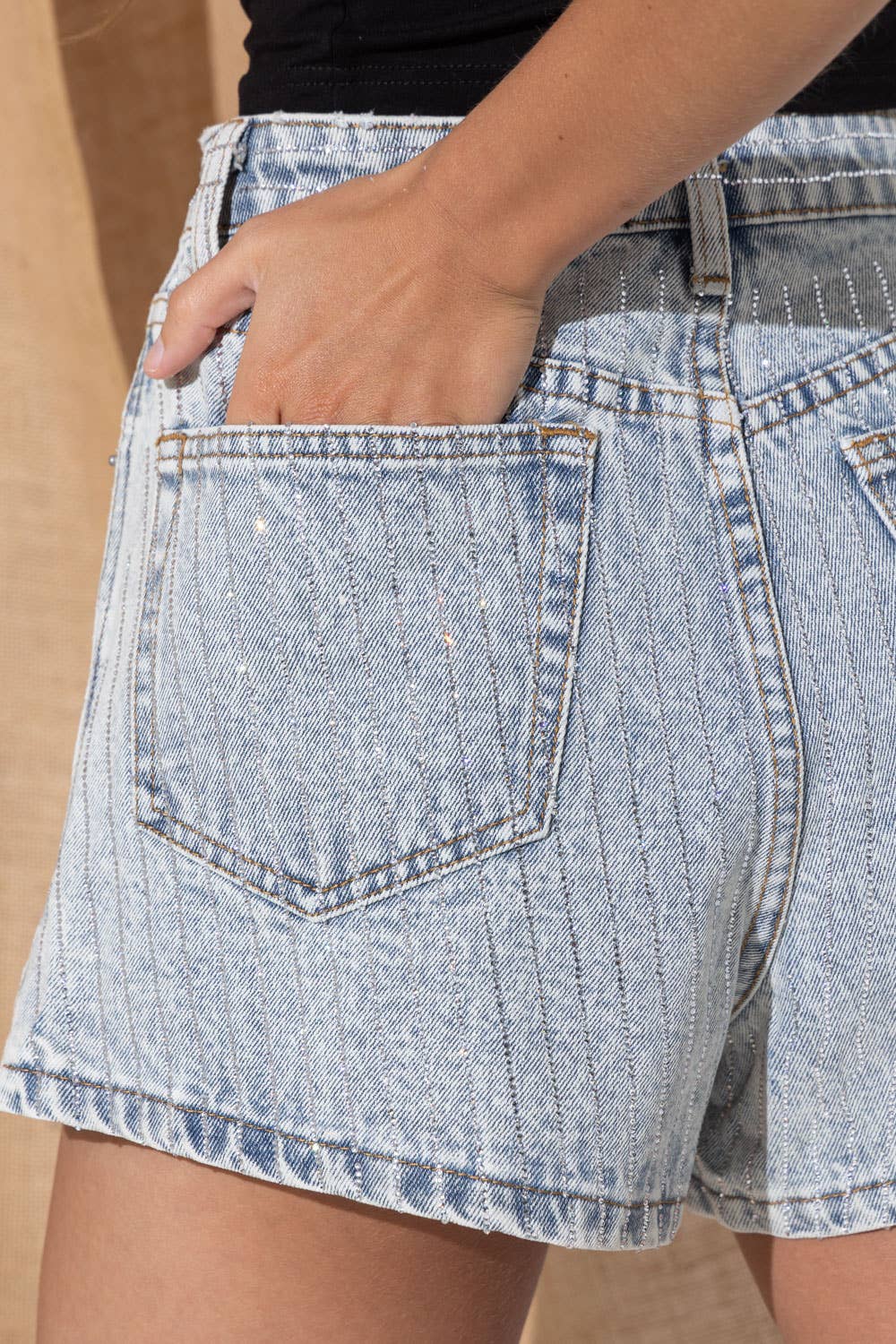 Crystal Mini Stud Washed Denim Shorts