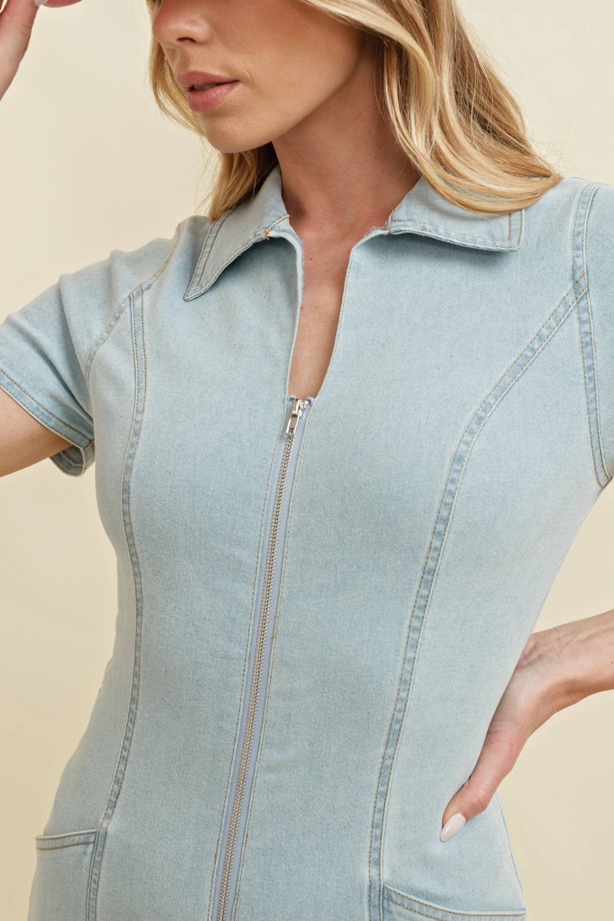 CR11907 - DENIM ZIP UP ROMPER