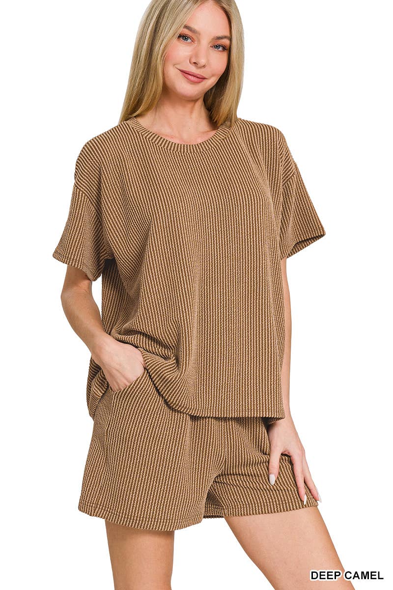 `.Corded Rib Short Sleeve Tee & Short Pants 2PC Set