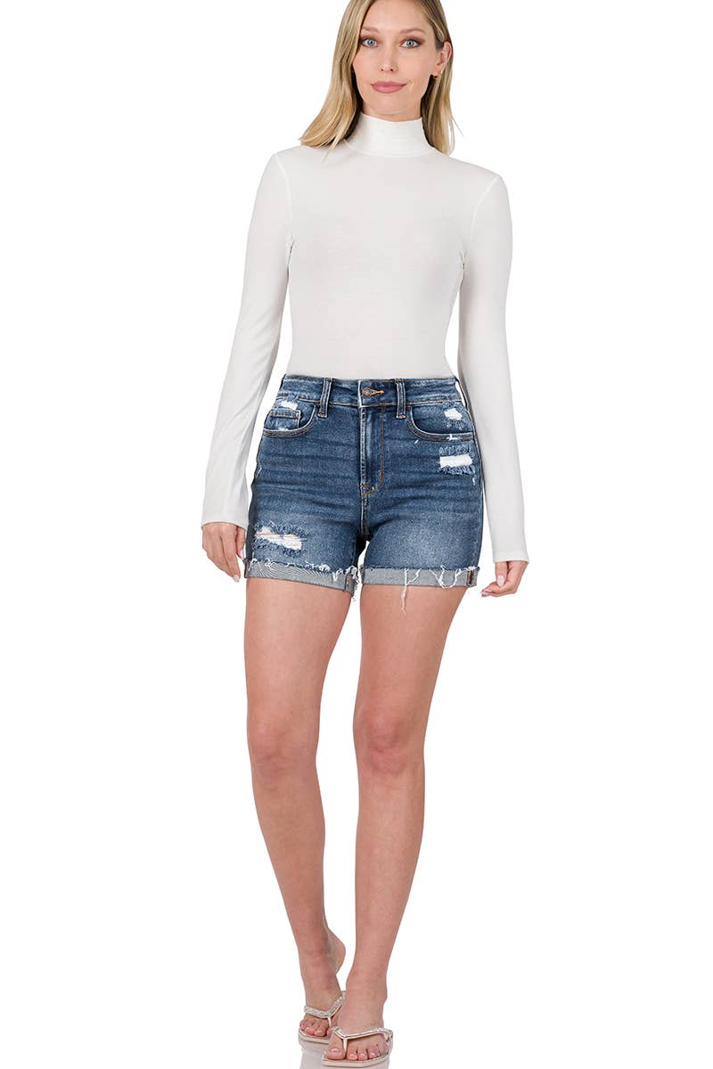 Distressed Cuffed Raw Hem Denim Shorts