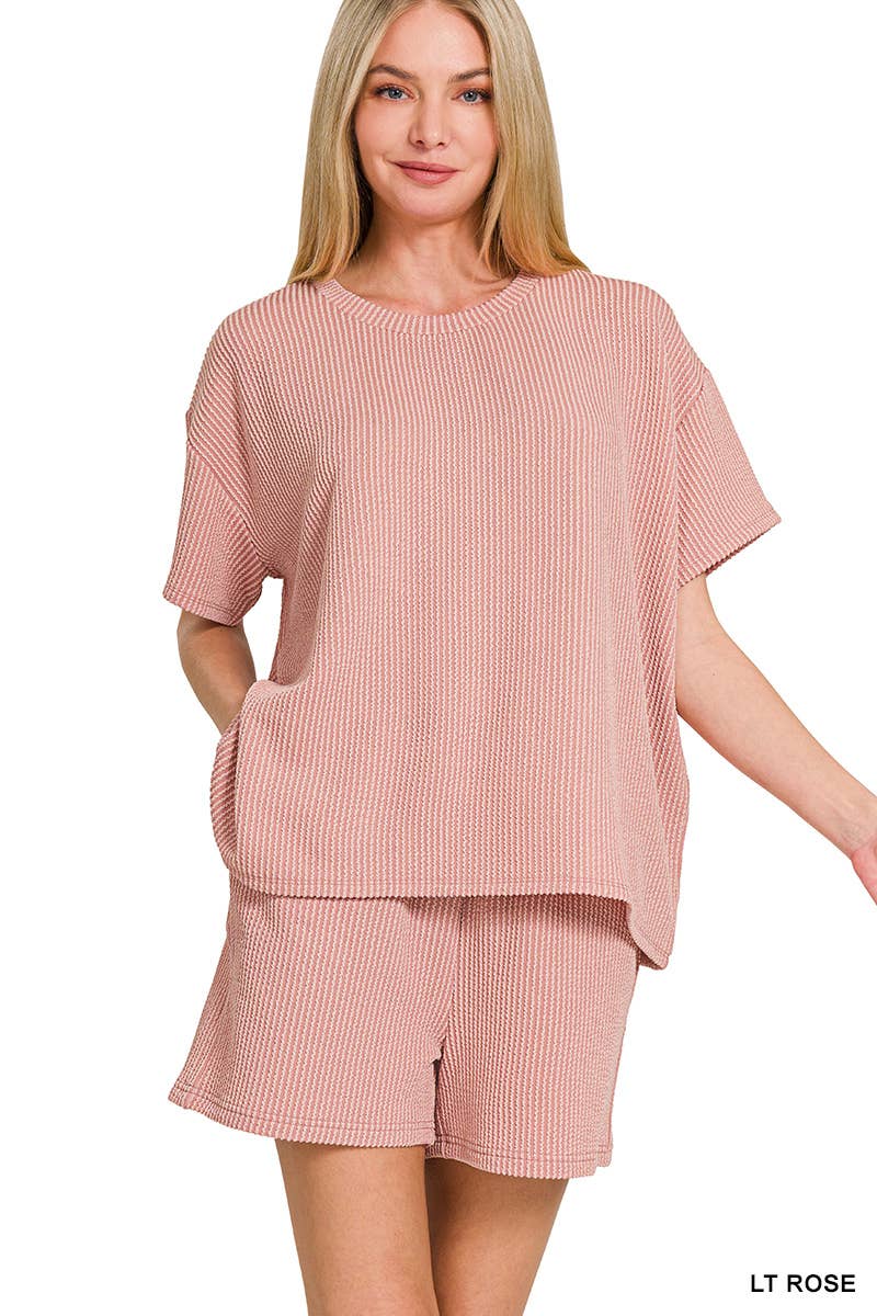 `.Corded Rib Short Sleeve Tee & Short Pants 2PC Set