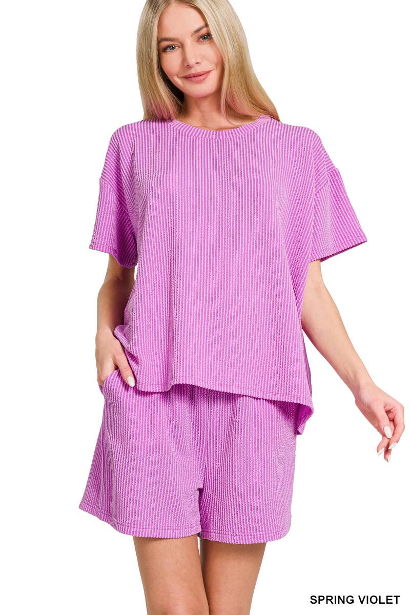 `.Corded Rib Short Sleeve Tee & Short Pants 2PC Set