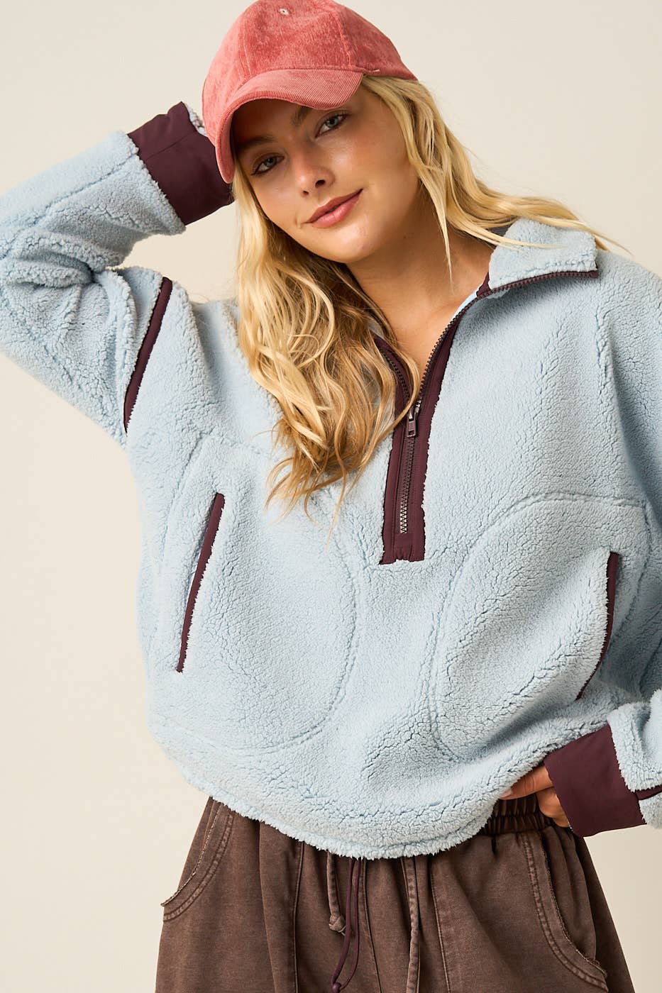 HALF ZIP CONTRAST DETAIL FLEECE SWEATSHIRT