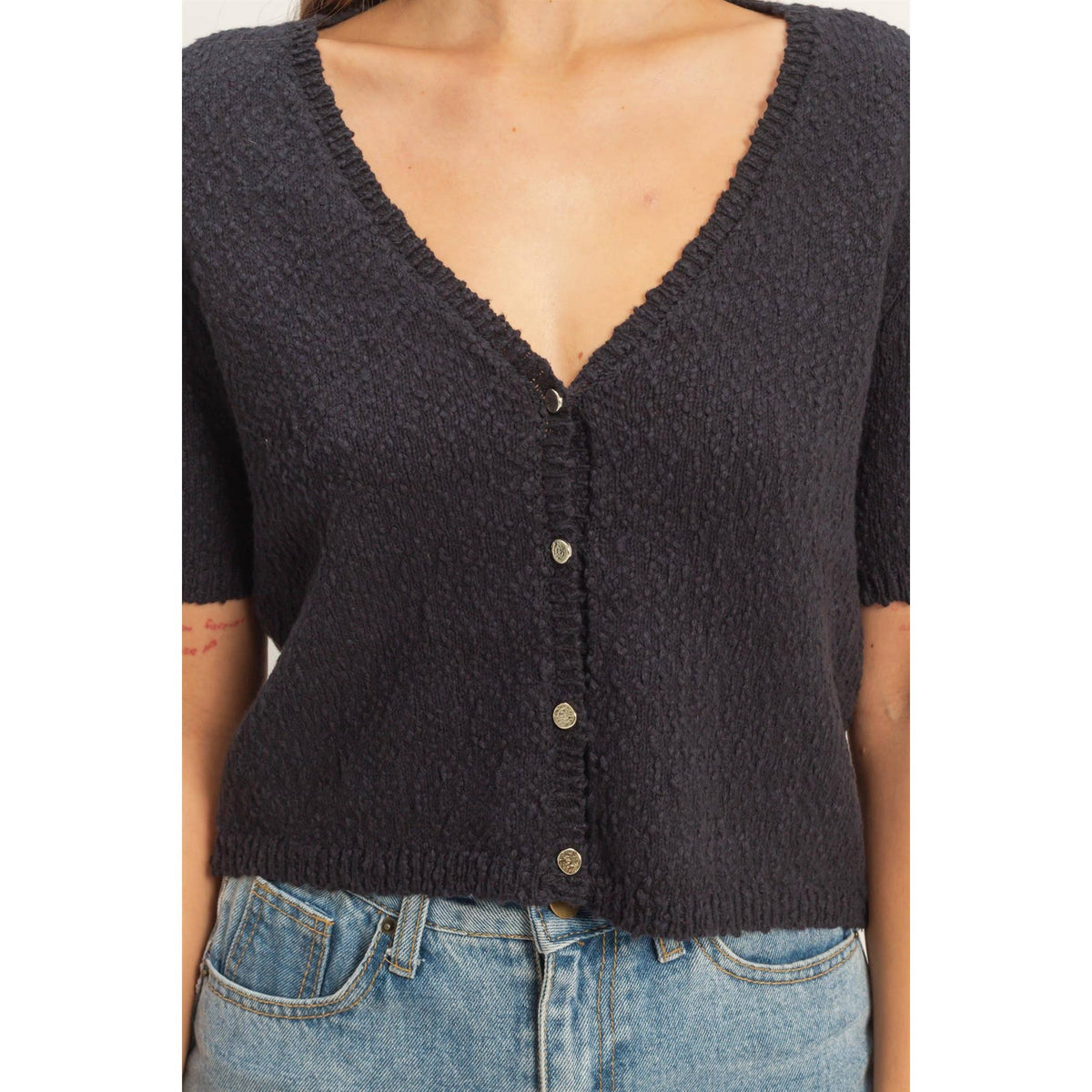 V-Neck Cropped Button Cardigan
