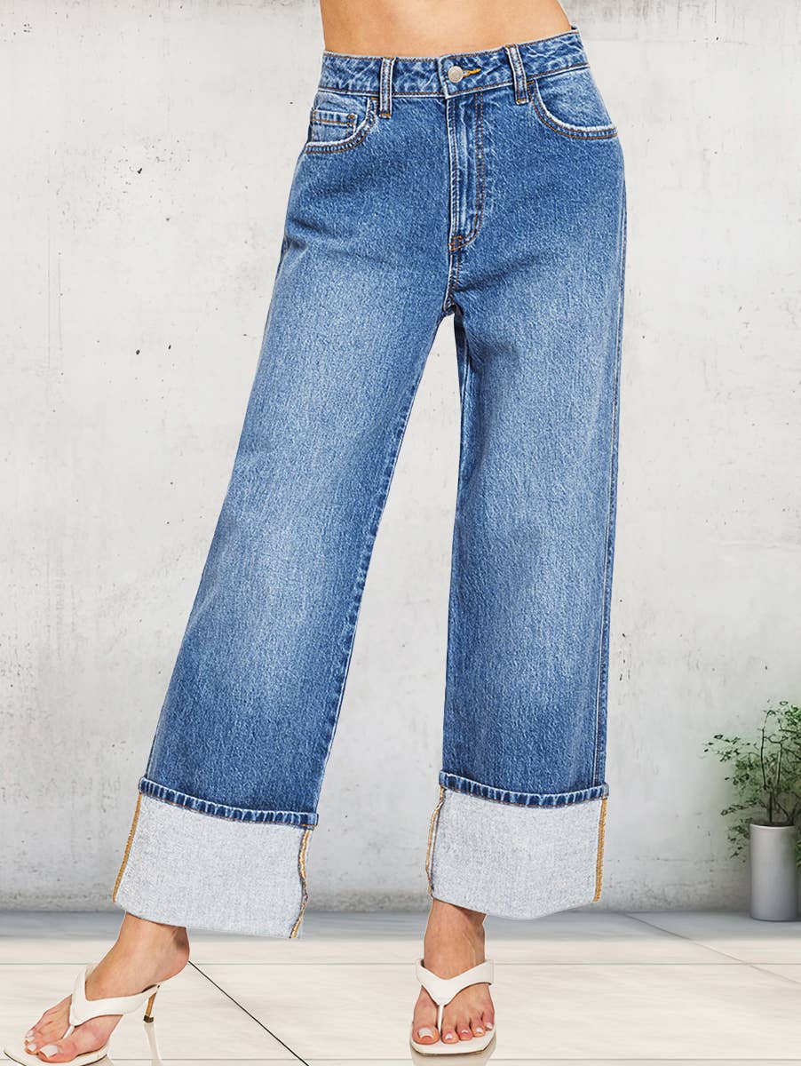 High Rise Cuffed Wide Leg Jeans
