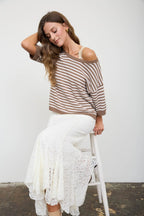 STRIPE CONTRAST TRIM SHORT SLEEVE KNIT SWEATER