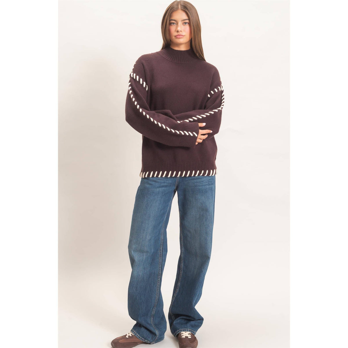 Blanket Stitch High Neck Sweater