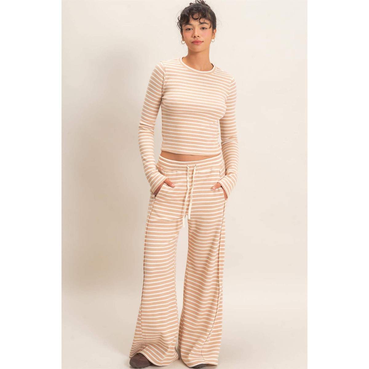 Striped Waffle Long Sleeve Top & Pants Set