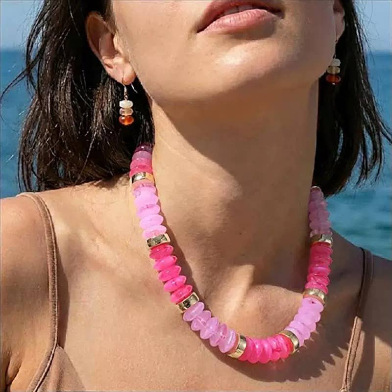 Hot Pink + Light Pink Chunky Beaded Statement Necklace