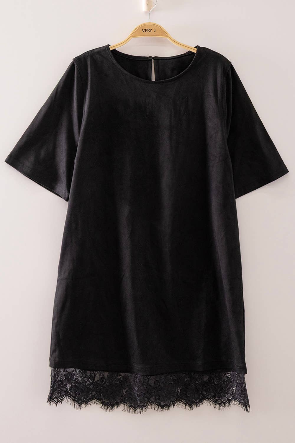 ND32269-Faux Suede Lace Hem Mini Dress