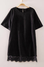 ND32269-Faux Suede Lace Hem Mini Dress