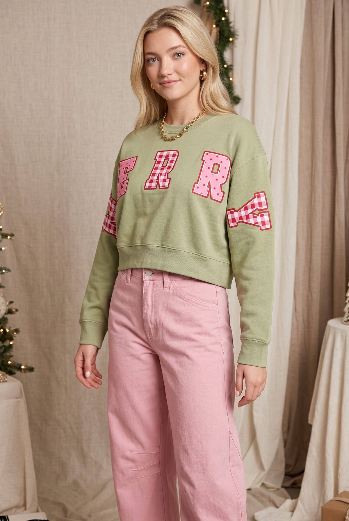 Merry Christmas Patch Pistachio Crop Sweatshirt