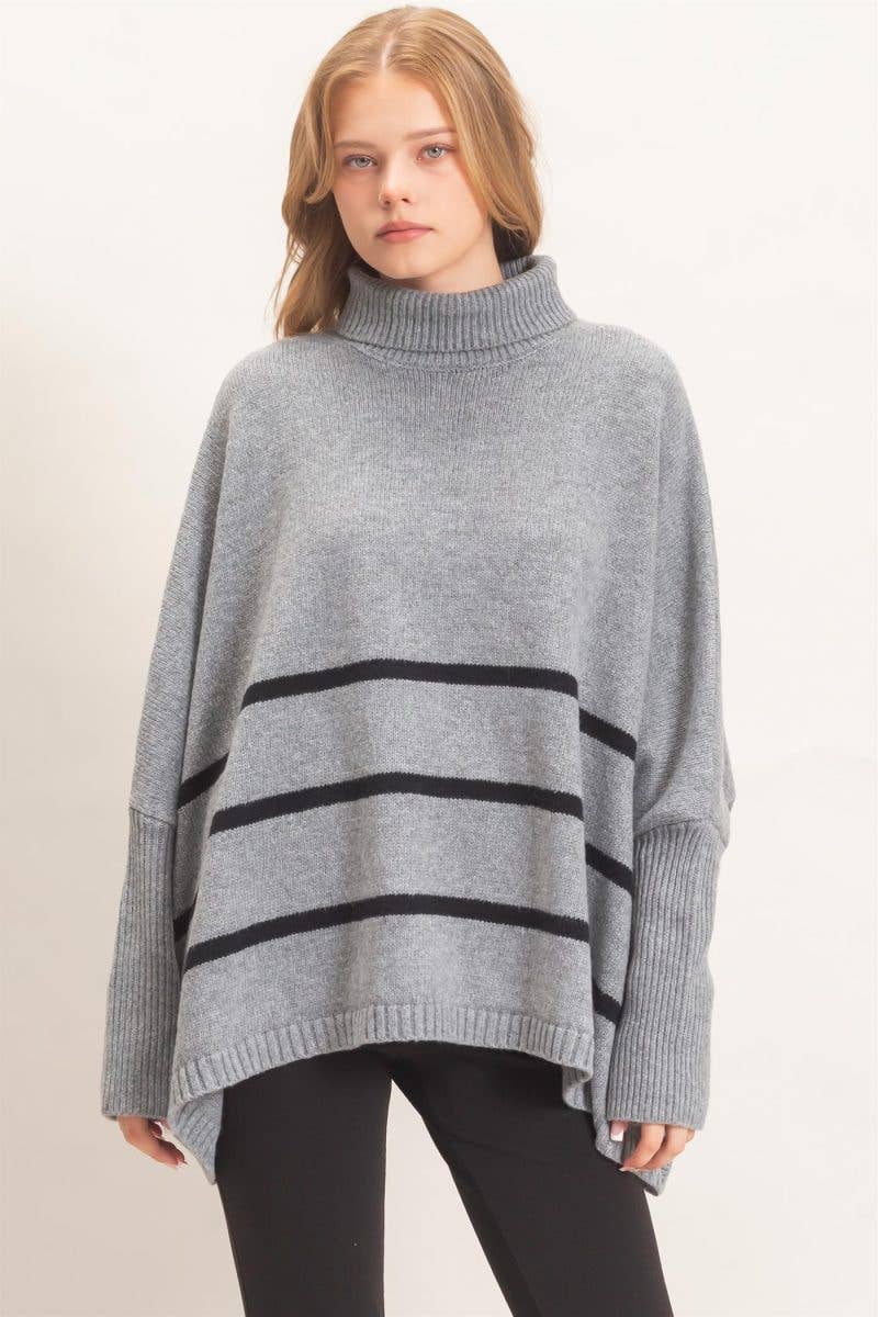 Striped Turtleneck Poncho Sweater